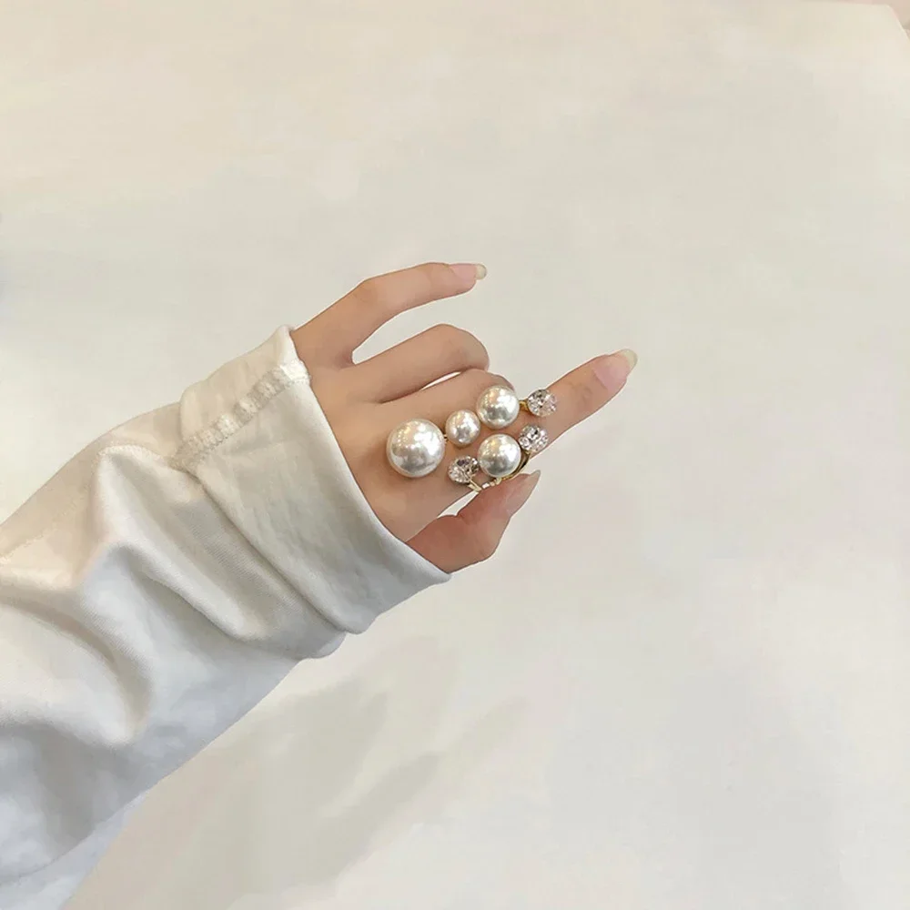 1PC New hot Exaggeration Double Layer Large Pearl Rings for Women Fashion Accessories Party Charm Ring Wedding Jewelry