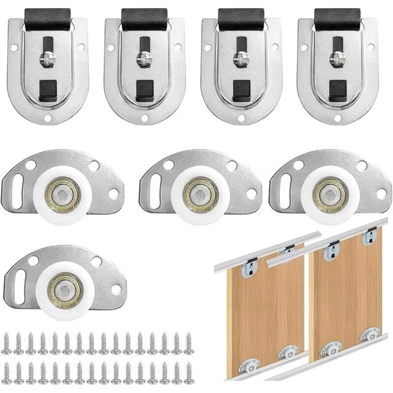 DTA4-Ball Bearing Sliding Closet Door Hardware Kit,4 Wardrobe Bottom Rollers& 4 Top Brackets, Smooth Glide Doors Wheels
