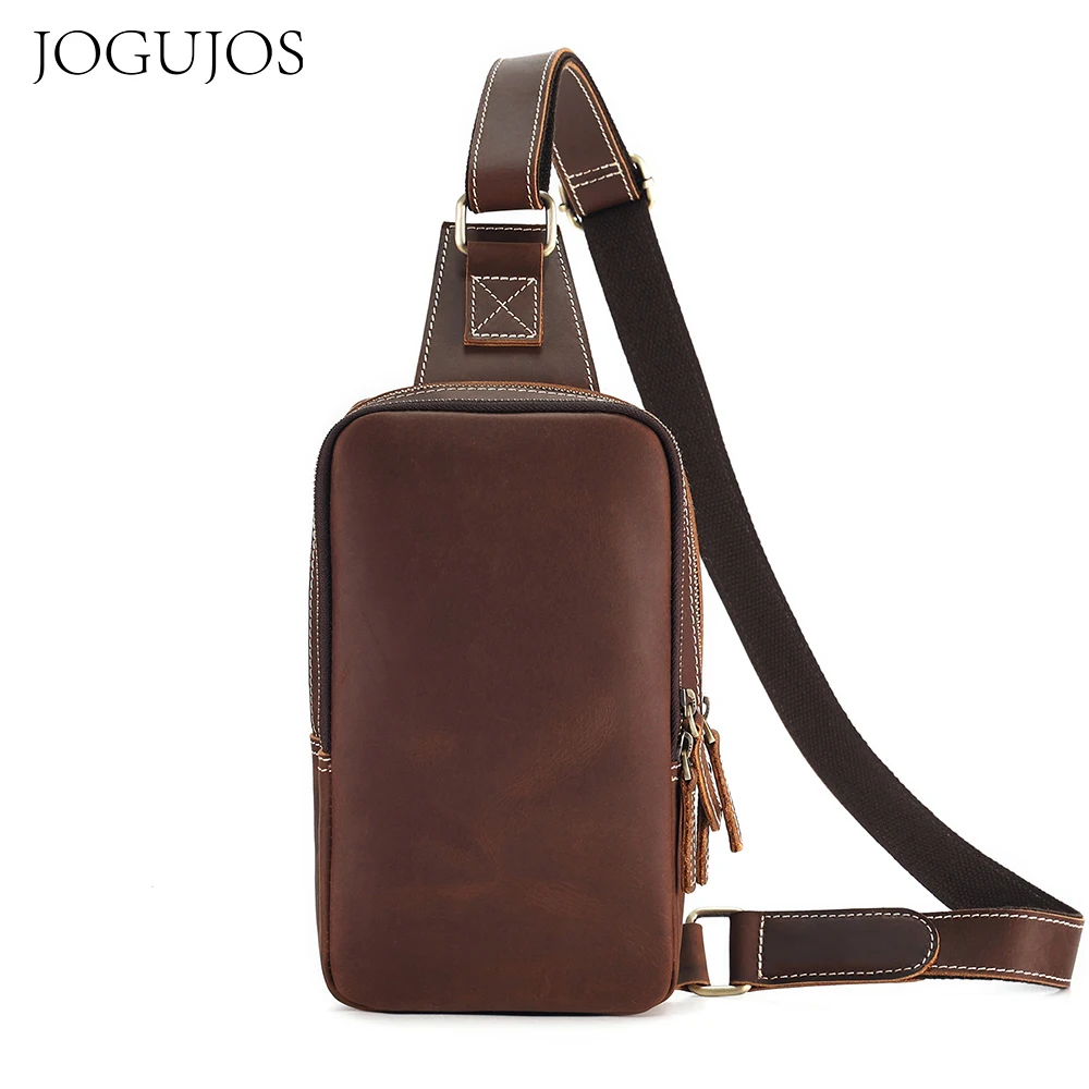 

JOGUJOS Men's Sling Bag Genuine Crazy Horse Leather Shoulder Travel Hiking Chest Pack Vintage Male Crossbody Bags for Man