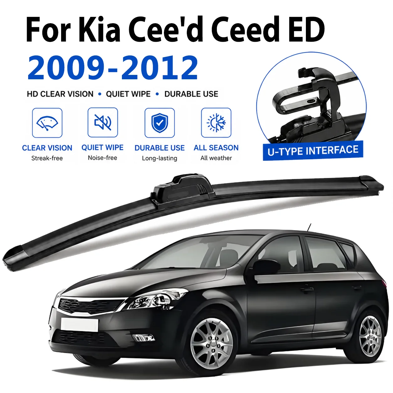Standard Wiper Blades For Kia Cee'd Ceed ED 2009-2012 All Weather J Hook U Long-lasting Quiet Smooth Rubber HD Windscreen Wipers