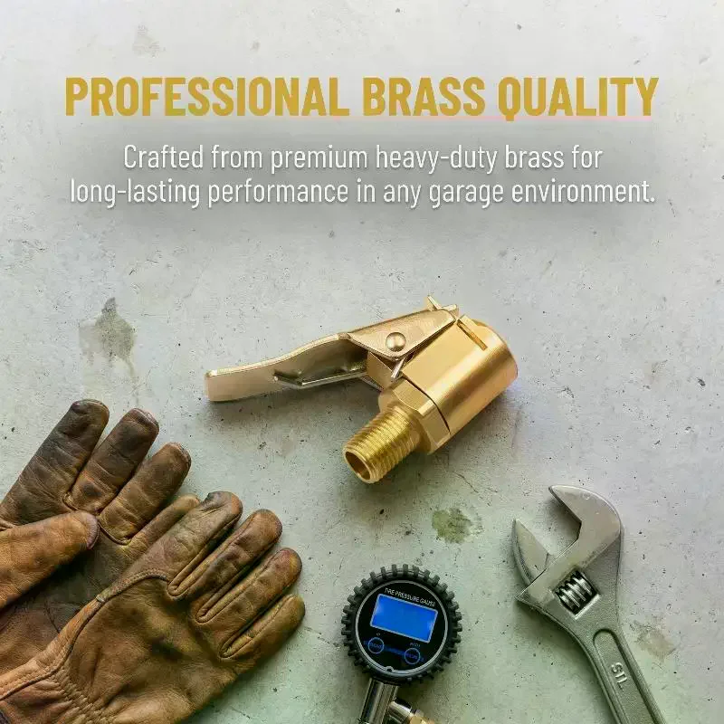 Heavy Duty Brass Tire Air Chuck Locking Clip Adapter Secure Nozzle for Air Compressor Quick Tire Filling Home or Garage
