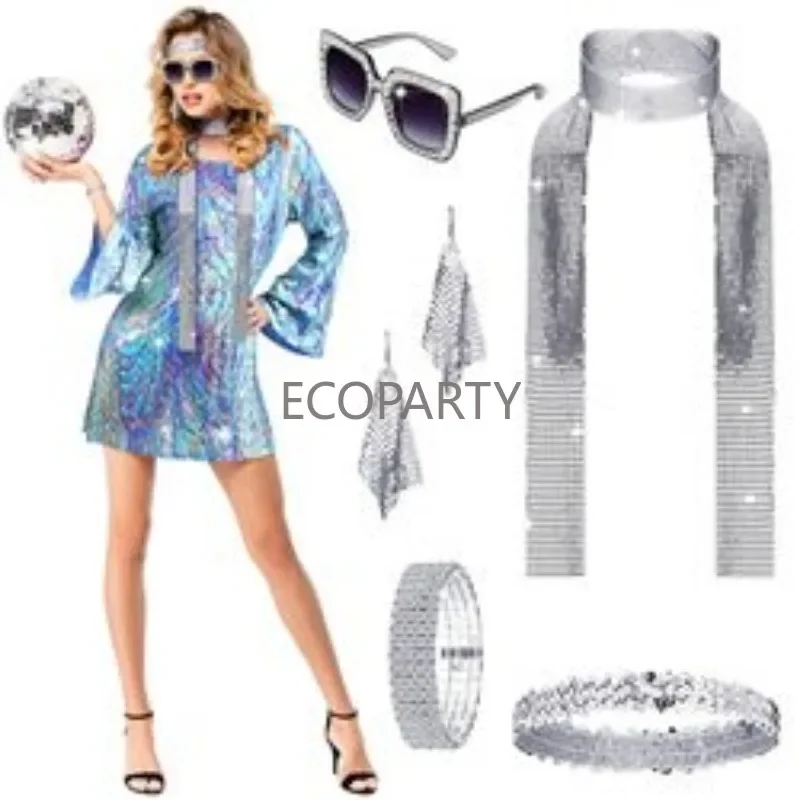 70S Disco Vrouwen Kostuum Outfit En Accessoires Glanzend Hoofd Met Zonnebril Ketting Oorbellen Armband Voor Podiumfeest