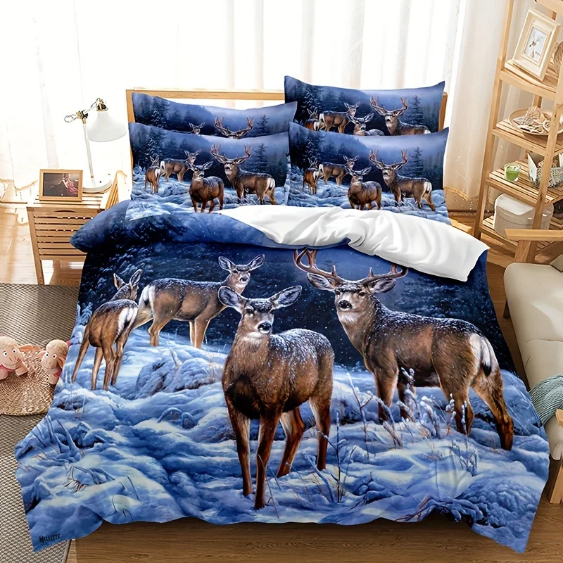 

A 3pcs Set of Deer Duvet Cover, Featuring 3D Printed Wildlife Deer Design with Pillowcases, Soft And Breathable bedding Suitable