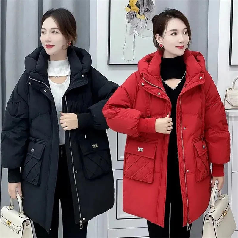 2023 New Autumn/Winter Korean Version Down Cotton Coat Female Mid Length Thickened Cotton Coat Loose Bread Coat Cotton Outcoat