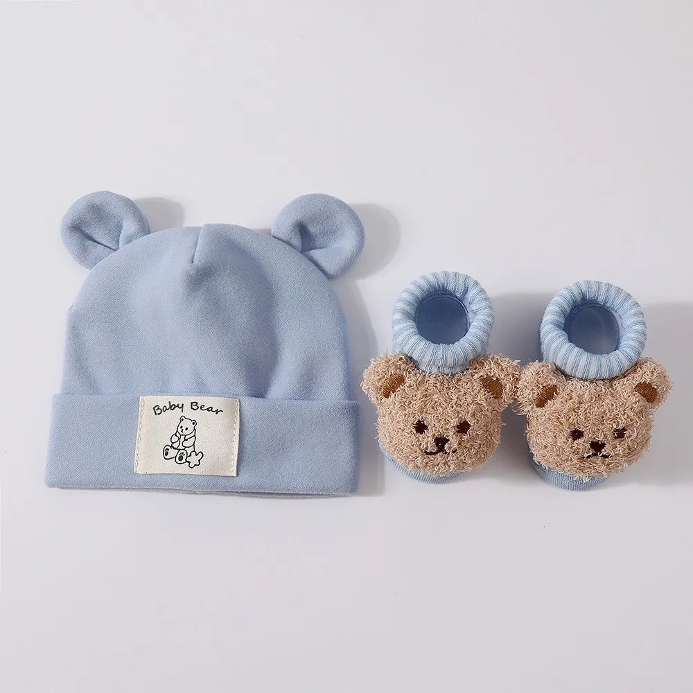 2Pcs/Set Cute Cotton Baby Hat Socks Set Soft Warm Bear Ear Beanie Breathable Cartoon Infant Cap Socks for Newborn view 5