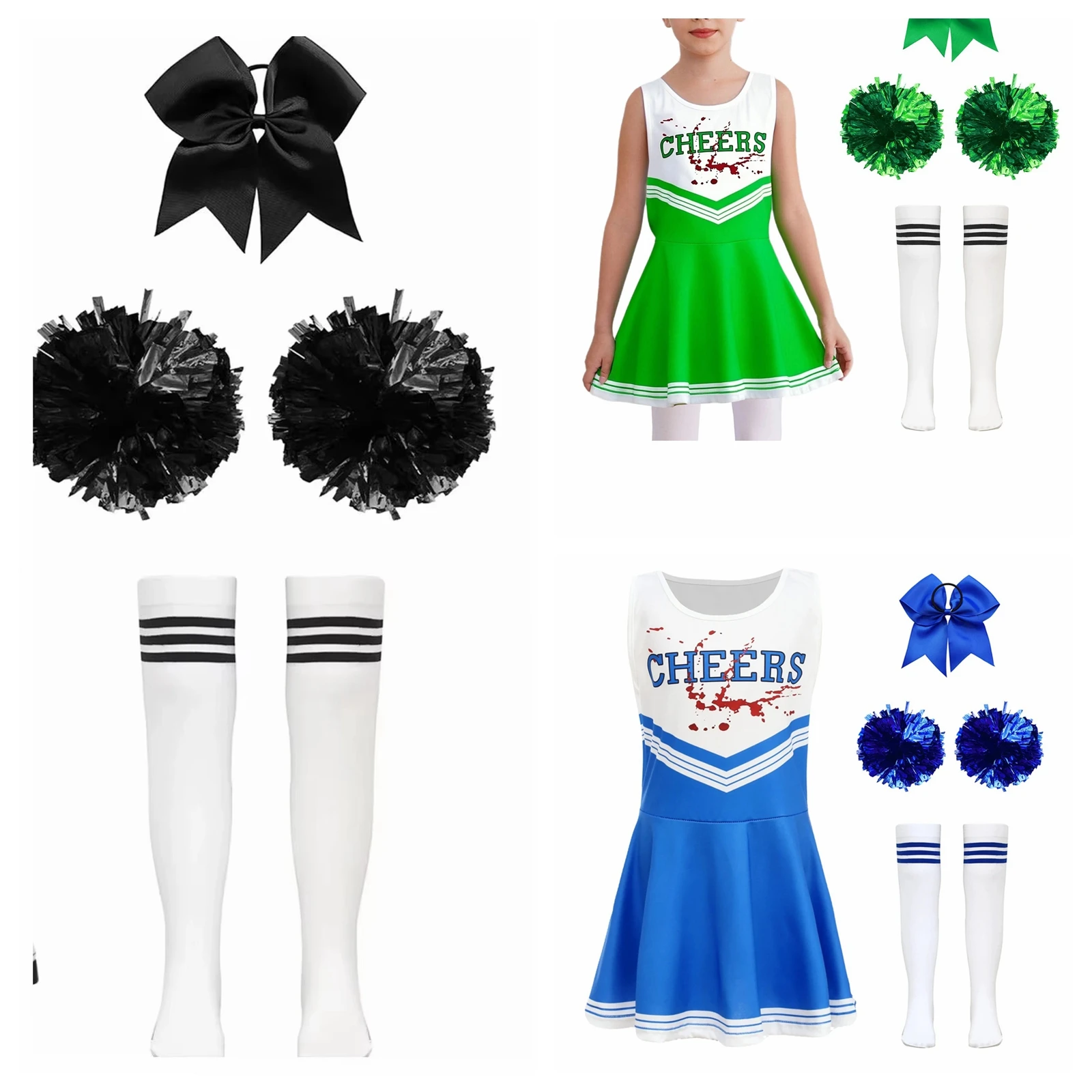 Girls Cheer Leader Halloween Costumes Suit Stage Performance Letter Print Cheerlead Dance Outfits with Flowers Socks Set