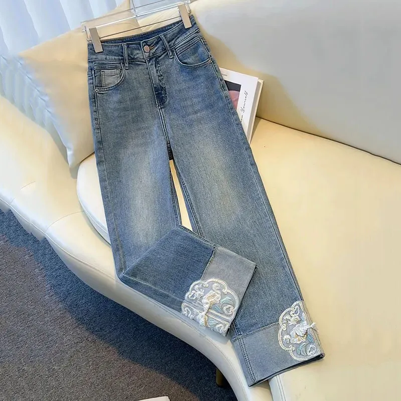 

Spring Autumn 2025 New Embroidery National Style Loose Women Denim Pants Temperament Versatile Comfortable Ladies Straight Jeans