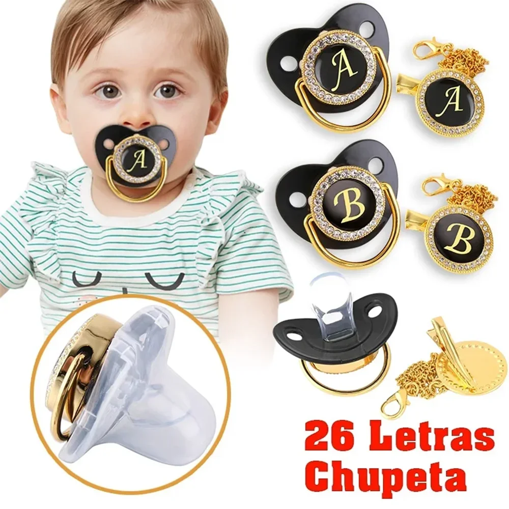 New black super cool advanced 26 letters pacifier 0-3 years old baby newborn baby soother baby teether toy with chain clip