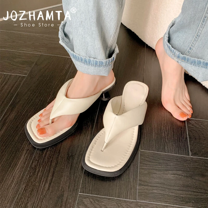 JOZHAMTA Size 34-40 Women Mule Sandals Real Leather Flip Flops Mid Heels Summer Shoes 2025 Ins Slides Slippers Casual Beach