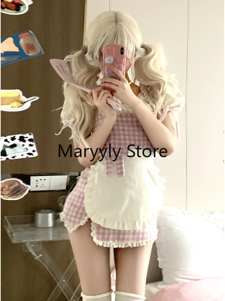 2023 Summer Fashion Outfits Chic White Puff Sleeve Blouse + Pink Plaid Strap Dress Female Sweet Kawaill Y2k Short Party Suits