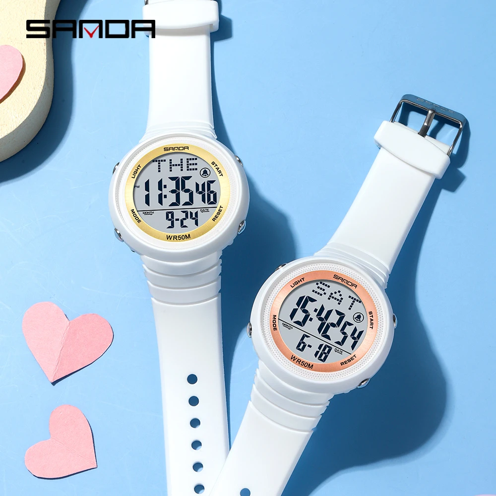 2022 New Fashion Sanda Sport Women\'s Watches White 50m Waterproof Digital Watch For Girl Casual Wristwatch Relogio Feminino 6022