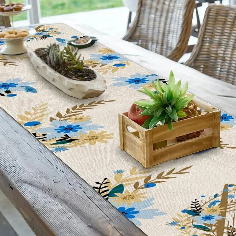 VIKAMA Jewish Festival Table Runner Hexagonal Star Blue Flower Passover Kitchen Dining Decoration Reusable