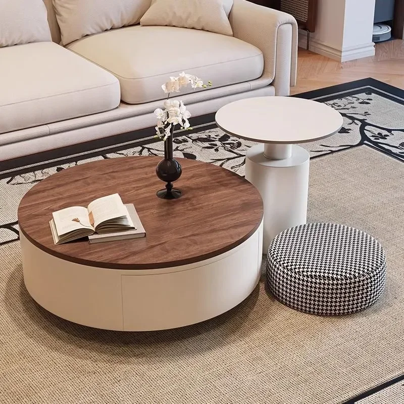 Light Luxury Walnut Pattern Coffee Table High End Solid Wood Round Minimalist Tea Table Set for Living Room Home Decor