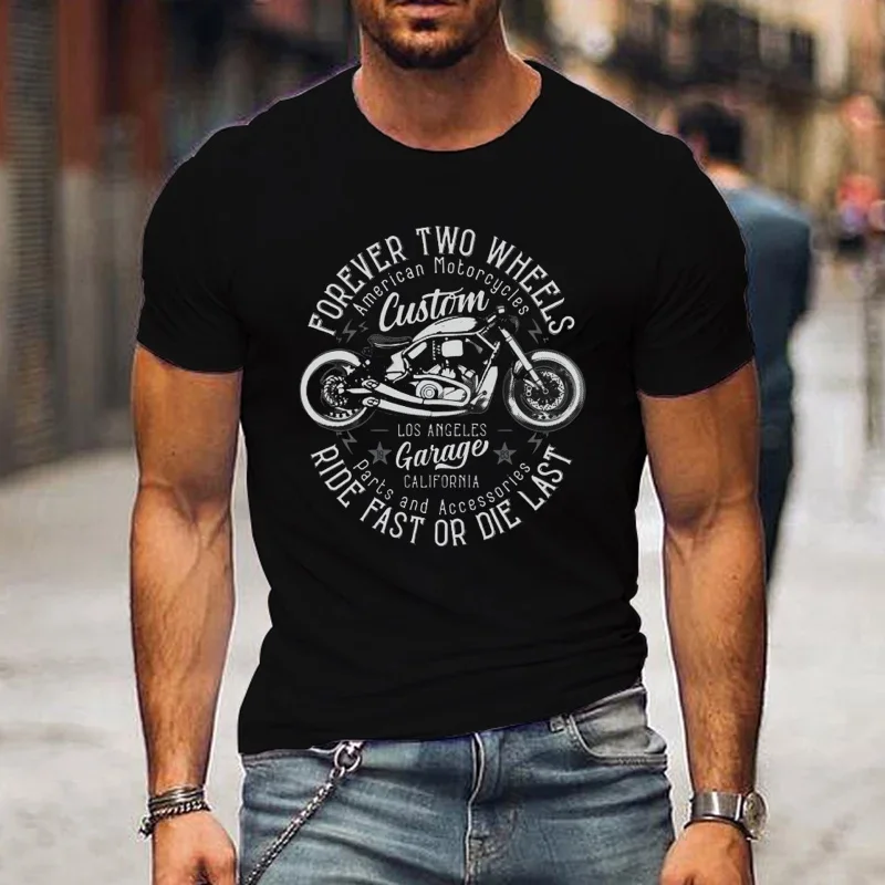 Men\'s Vintage Motorcycle Print T-Shirt, Casual Street Style, Round Neck, Summer Fashion, Comfortable and Breathable Tshirt