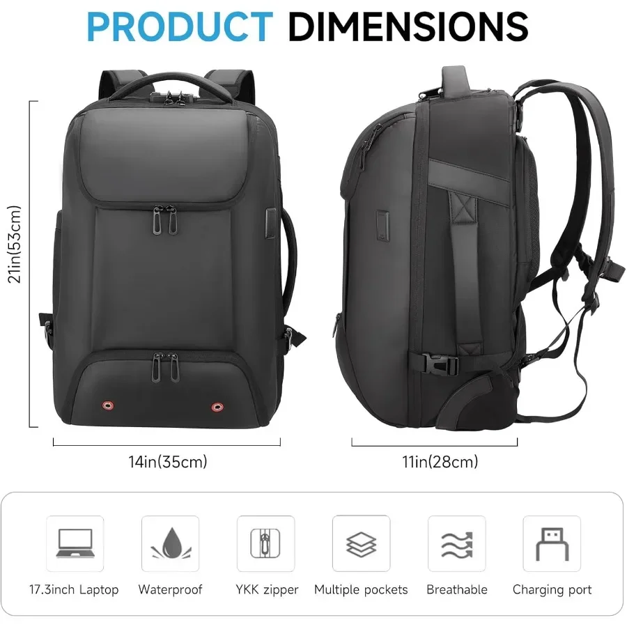 حقيبة ظهر تحمل على الظهر مقاس 17.3 بوصة حقيبة ظهر للسفر مع حجرة للأحذية 50 لتر حقيبة ظهر بعجلات تحمل على مقصورة الأمتعة والكمبيوتر المحمول USB C #3