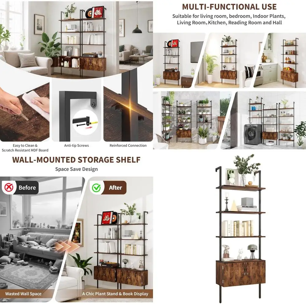 

70 Inch Wall-Mounted Bookshelf with Cabinet, Storage Ladder, and 4-Tier Rack for Home and Office