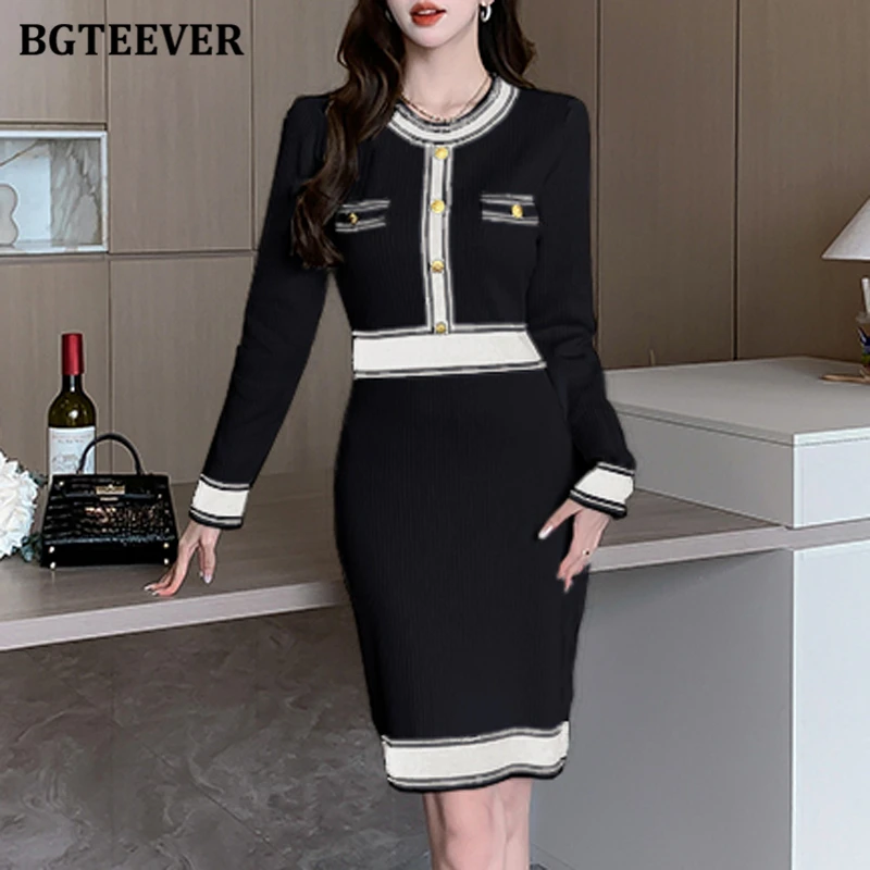 BGTEEVER Stylish Chic Ladies O-neck Slim Waist Female Patchwork Knitted Bodycon Dress Elegant Long Sleeve Female Sweater Dress