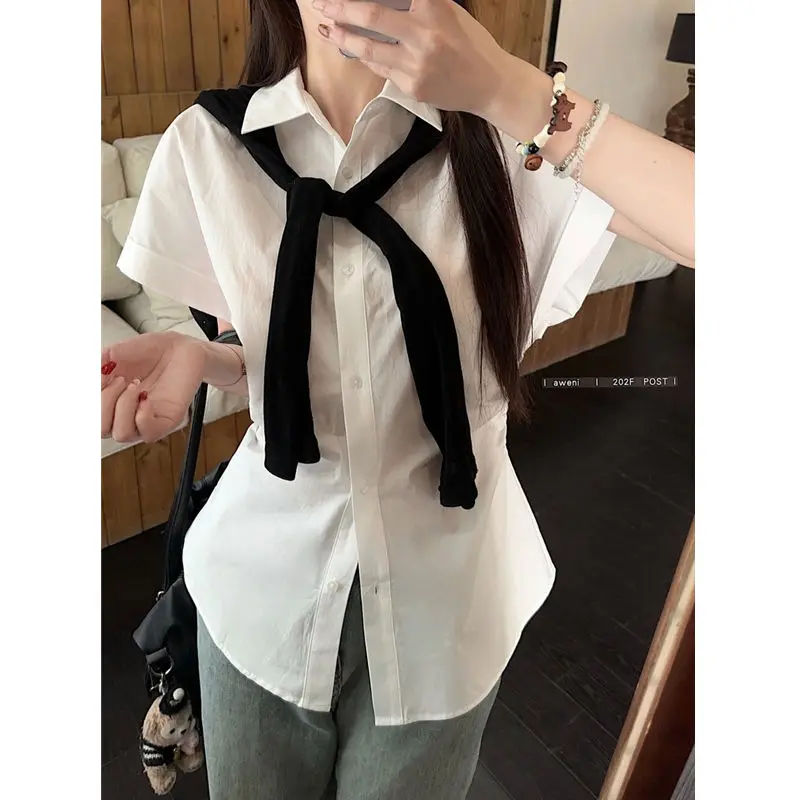 

Gagarich Korean Version Ins Short Sleeved Shirt Women Summer 2025 New Style Straps Waist Cinching Niche Design Sense Top