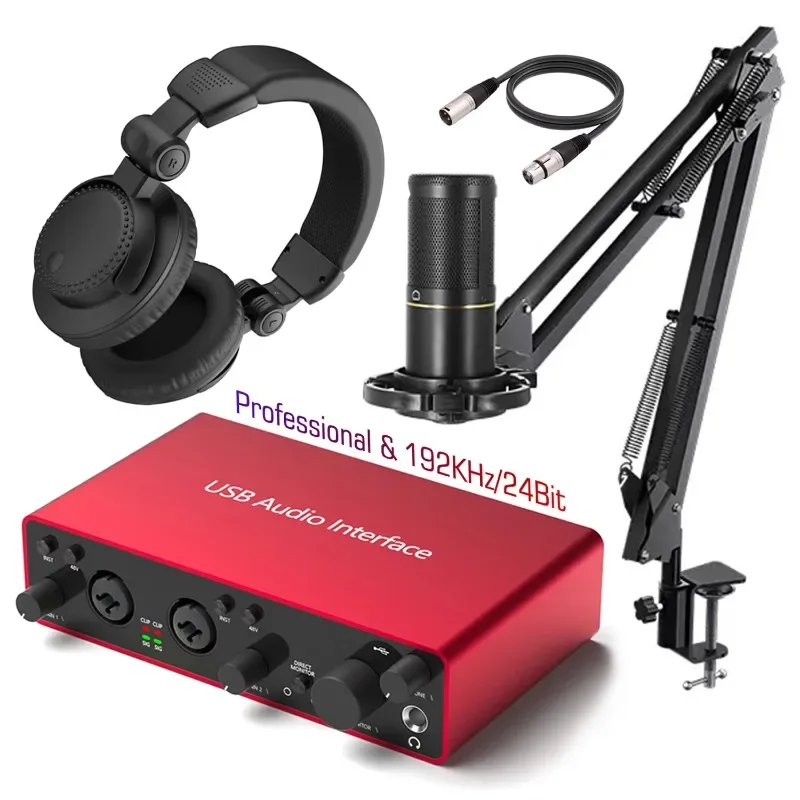 

studio condenser microphone headset USB audio interface sound card bundle kit podcast equipment group recording microphone