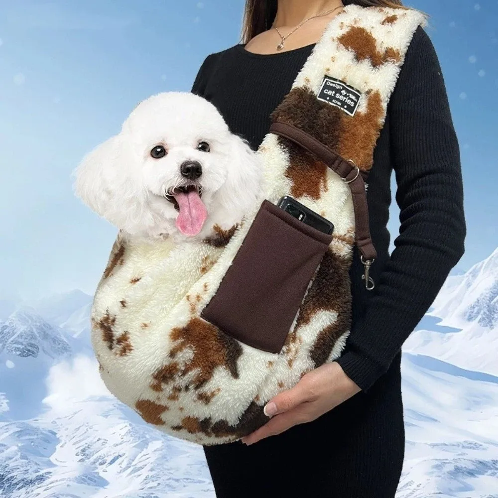 

Portable Plush Pet Carrier Bag Warm Comfort Cat Shoulder Bag Cow Pattern Shoulder Slings Bag Camping
