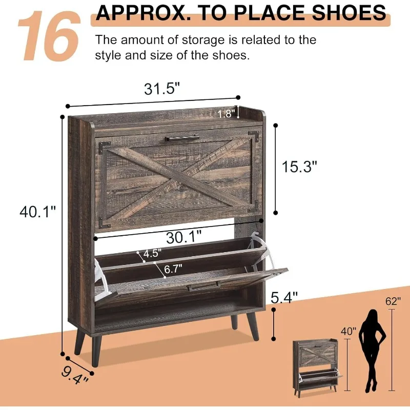 Shoe Storage Cabinet,Organizer with 2 Flip Drawers & Barn Door Design,Freestanding Hidden Slim Narrow Shoe Rack Cabinet