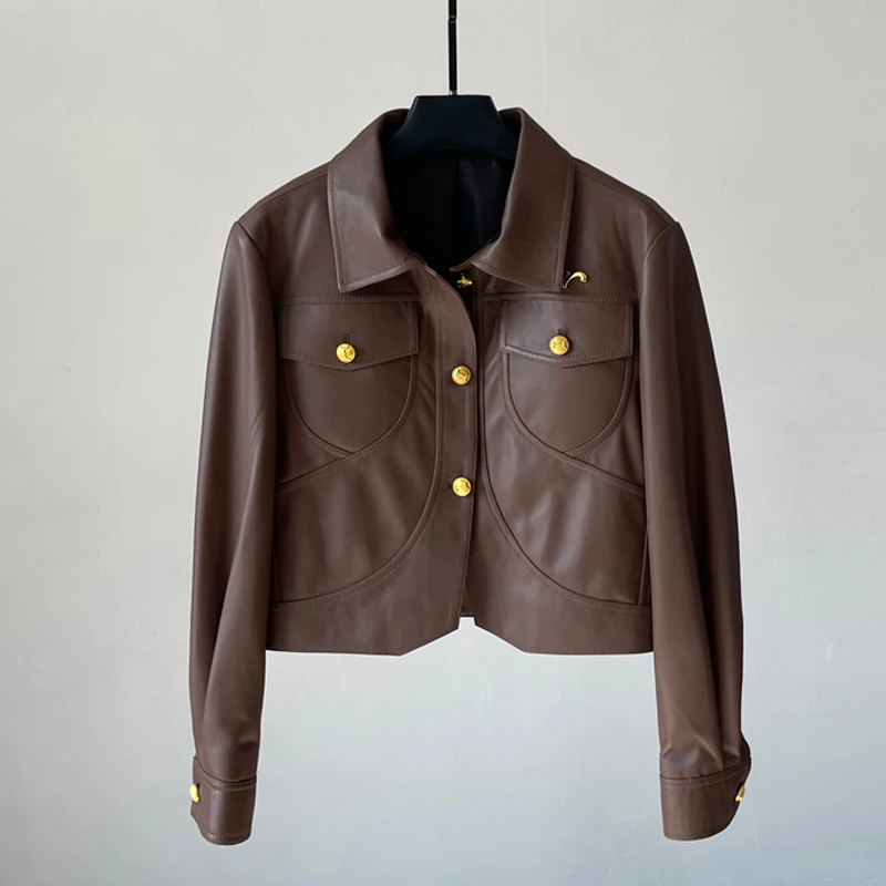 Giacca monopetto in pelle di pecora monopetto corta da donna in vera pelle nera 2025 Autunno Nuovi cappotti in pelle da moto a maniche lunghe femminili