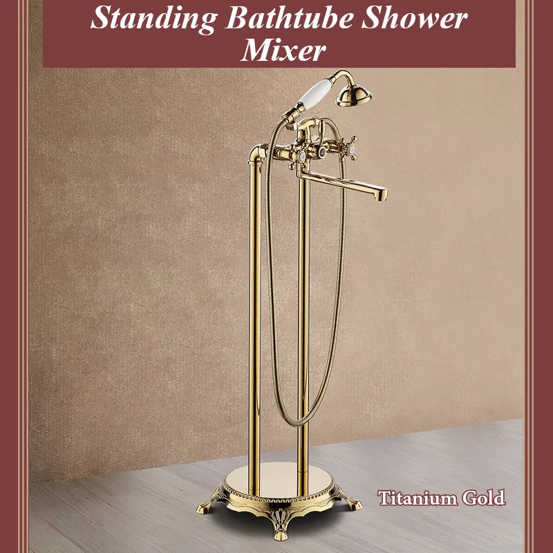 

Titanium Gold Standing Bathtub Shower Antique Telephone Type Hand spray 2 Speed Water Outlet Hot Cold Mixer 180°Rotation Faucet