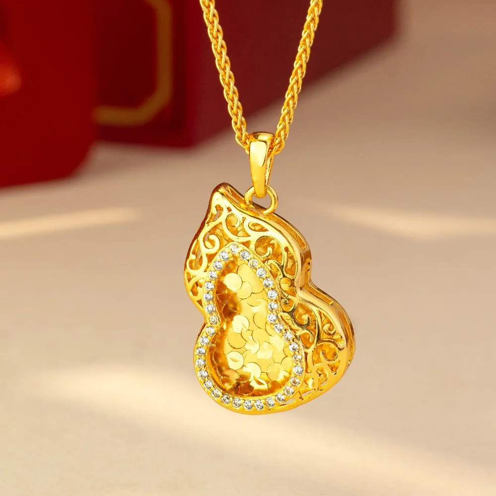 Diamond-encrusting ice gourd pendant women's light luxury old money style necklace 9999gold