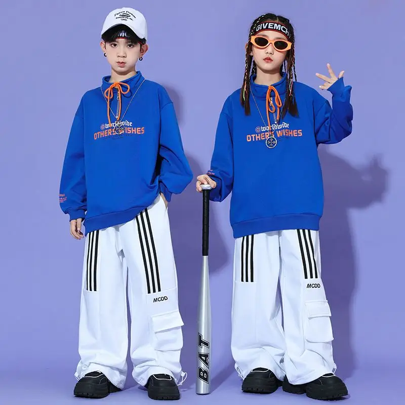 Kids Hip Hop Dance Performance Set Girls Stage Performance Fashion Blue Top Boys Dance Costumes