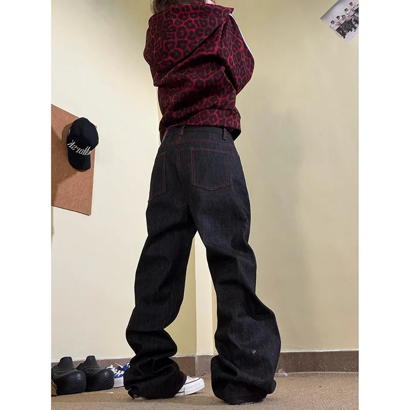 Unisex Fall American‑Vintage Letter‑Embroidered Straight‑Leg Jeans Women Stiff Fabric Black‑Red Versatile Long Trousers