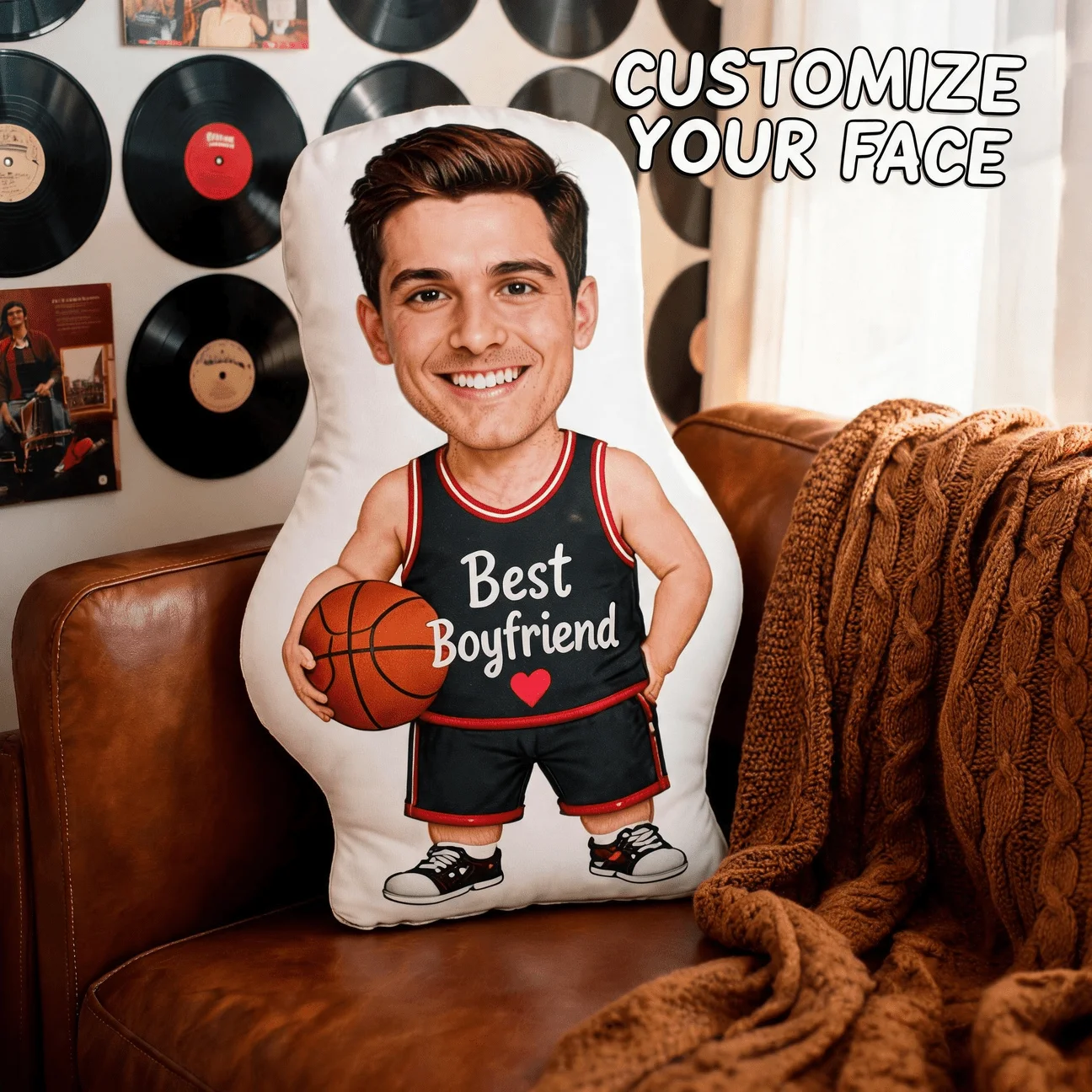 Custom Photo Basketball Player Shaped Pillow, Personalized Face Decorative Cushion with Sports Jersey, Unique Home Decor Accent