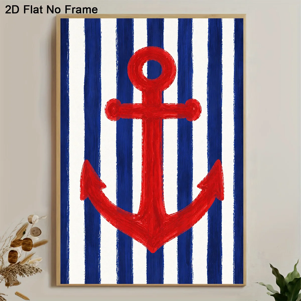2D Flat, 2D Flat, 1pc Frameless Canvas Poster, Red Anchor on Blue And White Striped Nautical Background Modern Abstract Marin