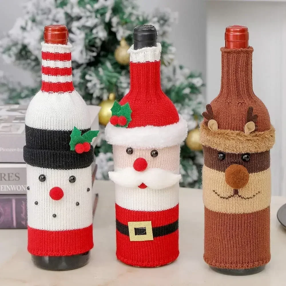 Christmas Wine Bottle Cover Set Santa Snowman Woven Wine Bottle Bags for Christmas Party Dinner Table Decorations New Year Gifts