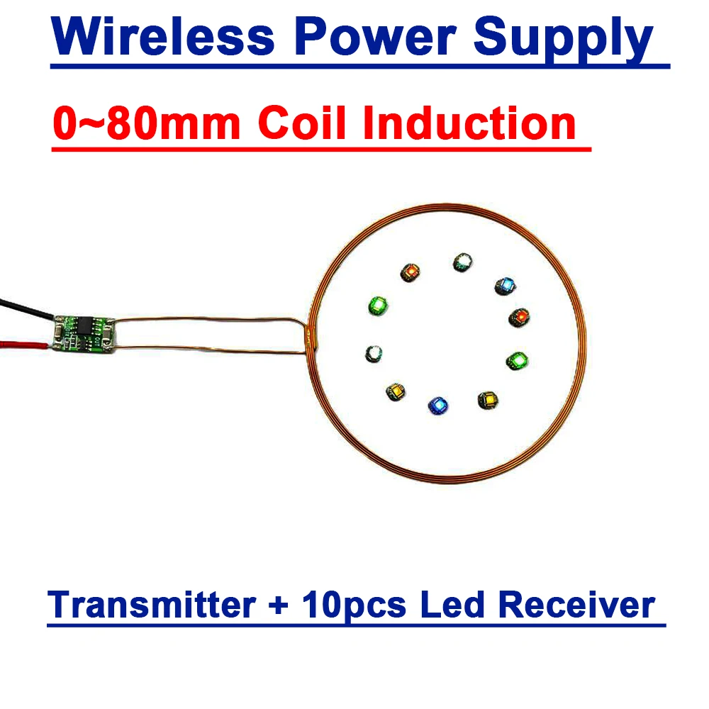 80mm DC 5V Wireless Power Charging Remote Charger Induction Coil Transmitter + 10pcs Led Receiver Light Lamp Diy Ship Car Model