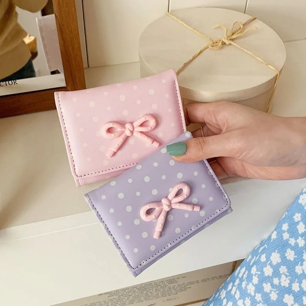 Polka Dot Bowknot Short Wallet Dopamine Color PU Leather Student Simplicity Wallet Large Capacity Coin Purse Card Holder