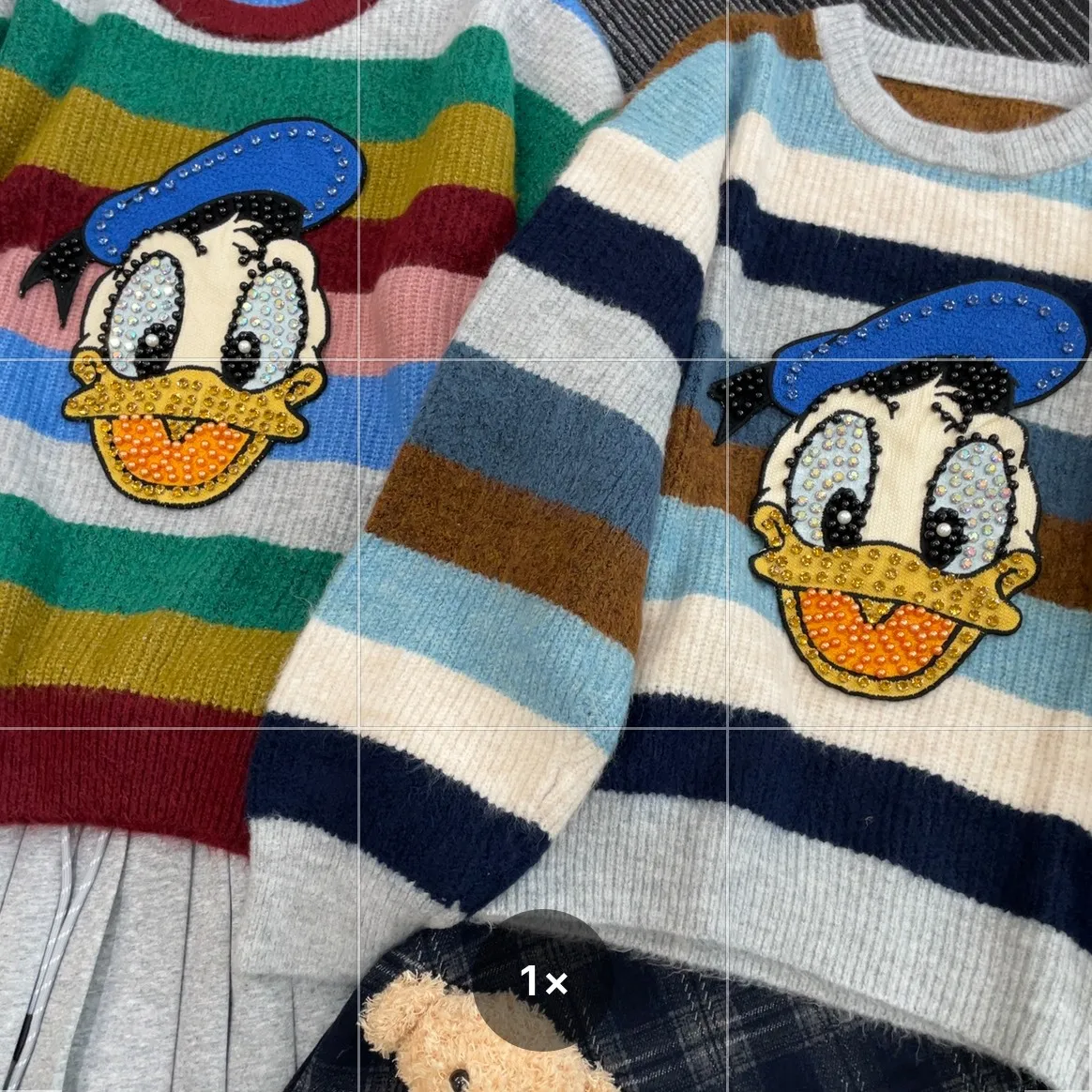 Autumn New Retro Color Striped Heavy Industry Diamond-encrusted Cartoon Duck Head Loose Long-sleeved Knitted Sweater Women