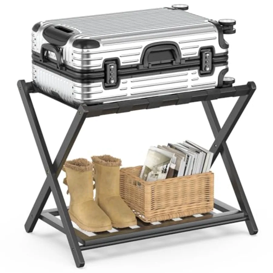 

Bamboo Luggage Rack for Guest Room Wide Suitcase Stand with Storage Shelf Folding Luggage Stand Holder for Bedroom Hotel 26.77"