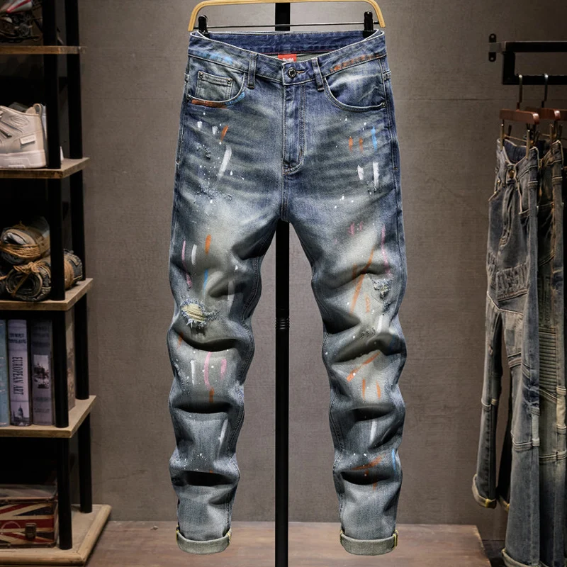 Street Designer Fashion Men Jeans Retro Washed Blue Elastic Stretch Slim Fit Ripped Jeans Men Painted Vintage Denim Pants Hombre
