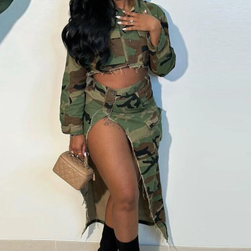 

Women‘s Two Piece Sets Skirt Set Turn Down Collar Full Sleeve Tops & Camouflage Long Skirts A Line High Waist Y2k Streetwear New