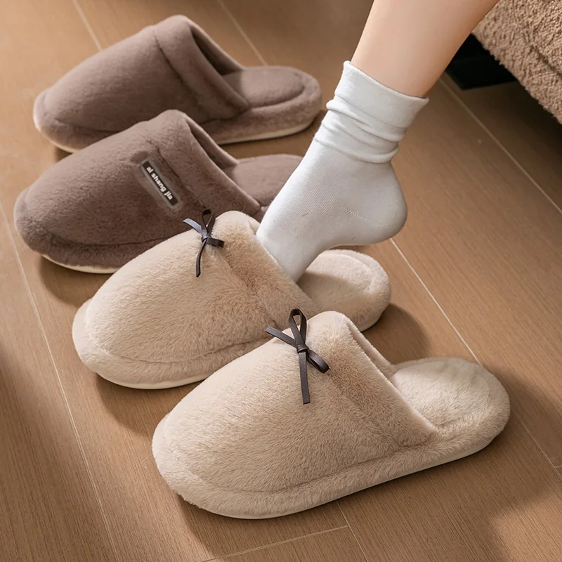 شباشب قطنية على شكل فيونكة للنساء، ملابس خارجية جديدة للخريف/الشتاء بنعال سميكة، شباشب منفوشة حرارية للزوجين في الأماكن المغلقة #4