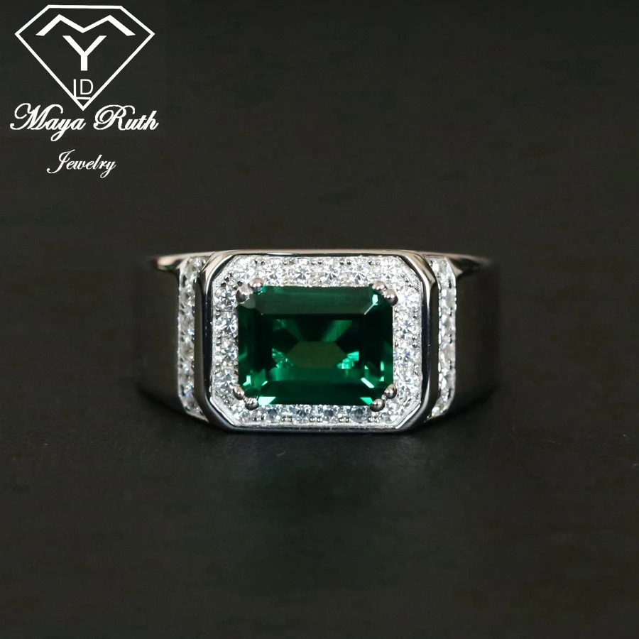 Created Emerald Square Shape Imitation Green Gemstone AestheticReal 925 Sterling Silver Ring White Gold Plated For Men Gifts