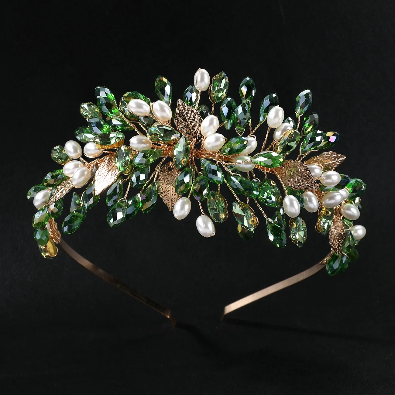 SLBRIDAL Handgefertigte Kristall-Strass-Perlen Blumen-Blatt Braut-Tiara Stirnband Hochzeitskrone Haaraccessoires Damen Mädchen Schmuck – Detail 4