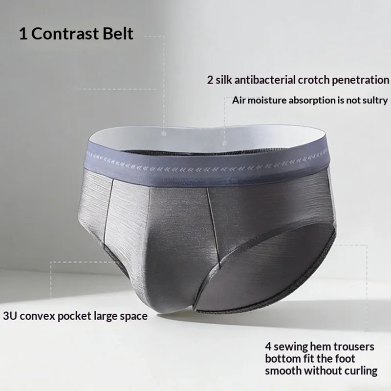 4Pcs Luxury Satin-like Men's Shorts Briefs Sexy Smooth Cool Underpant Ice Silk Quick-dry Panties Breathable Crotch Man Underwear