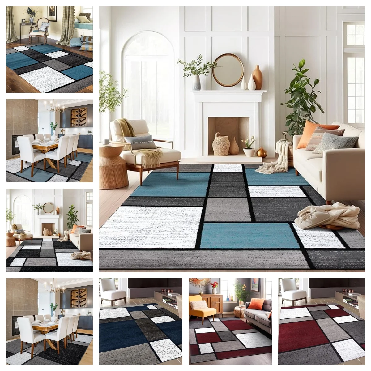 VIKAMA black, white and blue checked carpet Living room bedroom bed blanket Vintage checkerboard cloakroom RUG