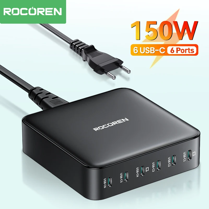 Rocoren 150W 6 in 1 Multi Port USB Type C High Speed Charger Fast Charging Dock Desktop Charger Power Station For iPhone Samsung