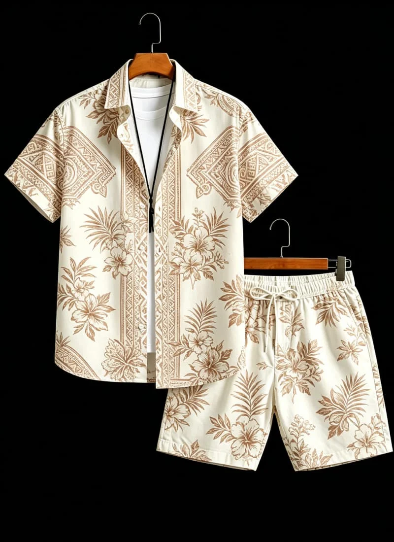 Herren-Set mit ethnischem Totem-Print, zweiteilig, Kurzarmhemd und Shorts, geeignet für tropische Reisen und im warmen Tribal-Stil.
