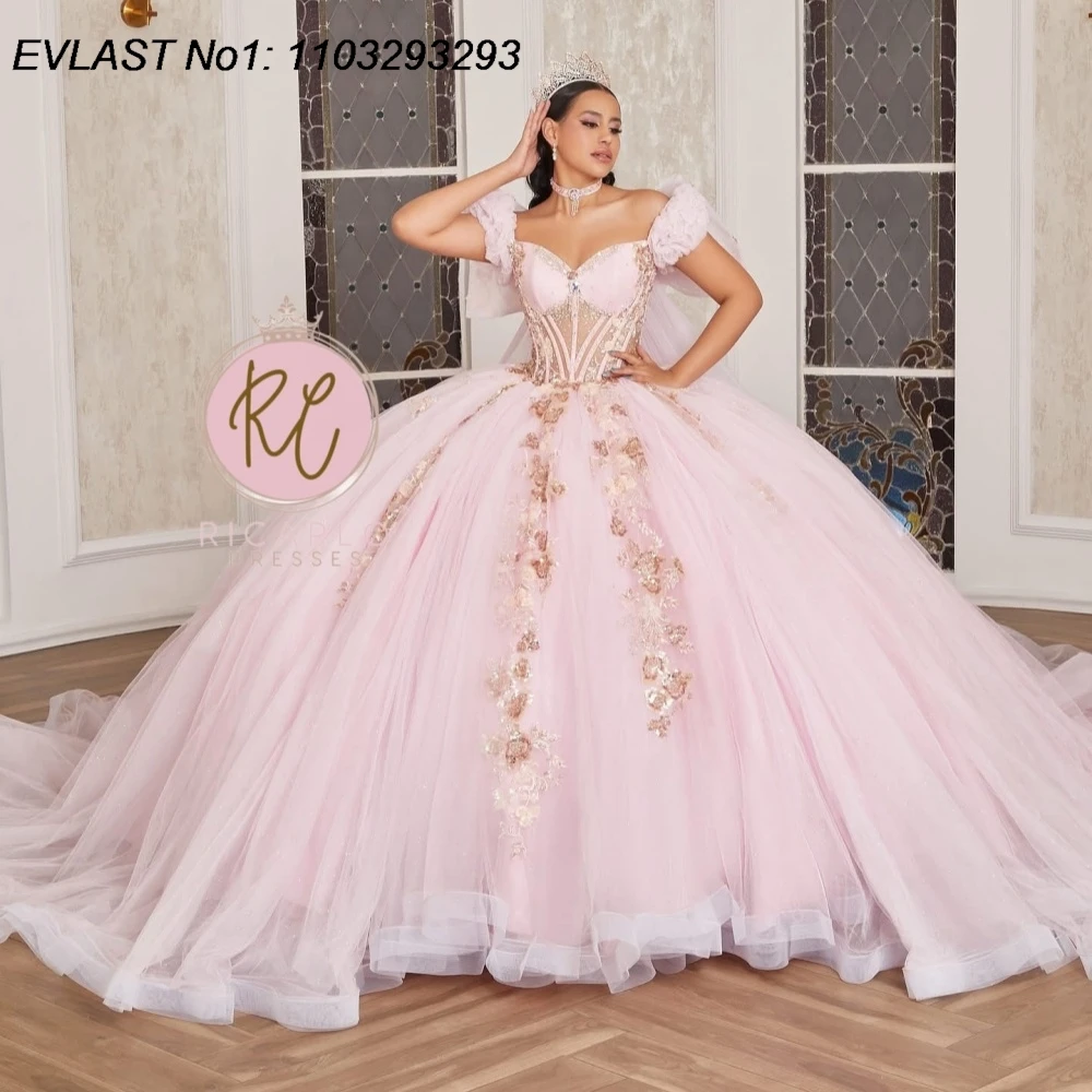 

EVLAST Customized Glitter 2025 Pink Ball Gown Quinceanera Dress Lace Applique Beading Cape Sweet 16 Vestidos De 15 Anos E1Q896