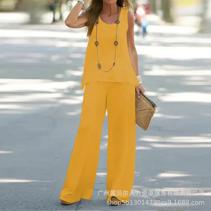 Round Neck Plain Casual Two Piece Set Vest Wide-leg Pants Womens Sets