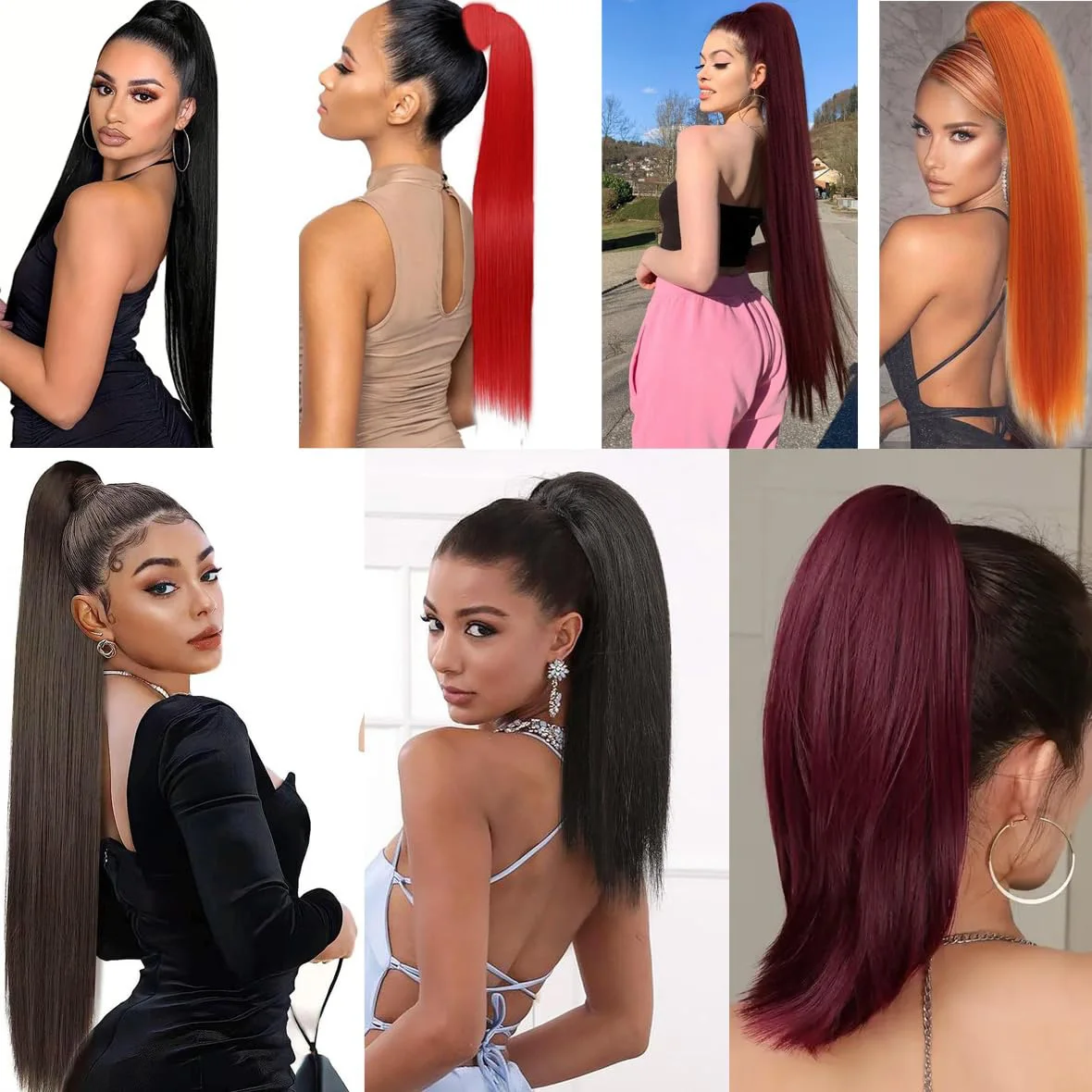 クローポニーテールエクステ ブラック 16インチ ストレート クリップ式ポニーテールヘアエクステンション 女性用合成ヘアピース