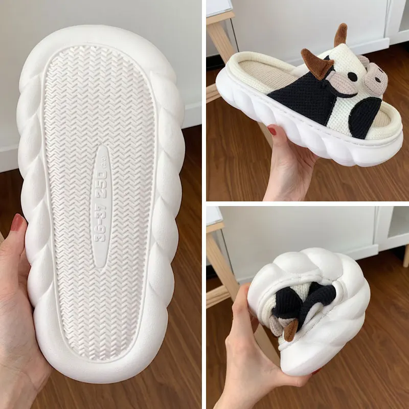 Cute Home Slippers for Women Breathable Open Toe Cow Shape Floor Shoes for Men Soft All Season Slippers for Unisex